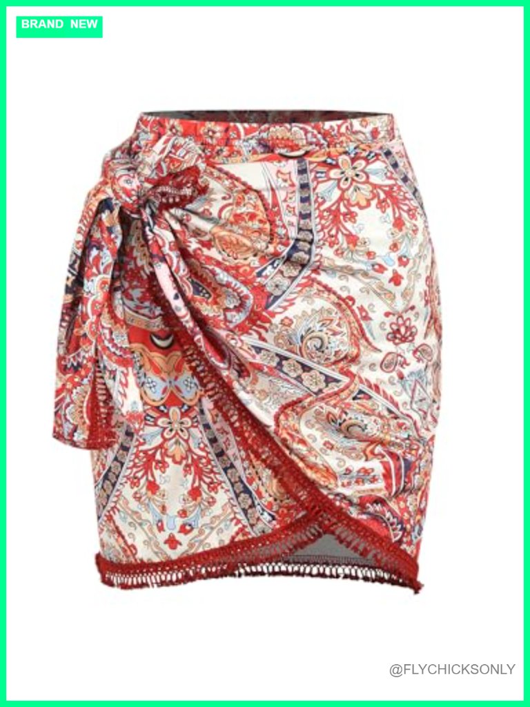 Boho Print Tie Side Wrap Tassel Mini Skirt High Stretch Asymmetrical